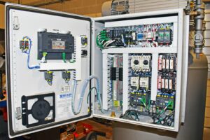 The interior panel of a Becker pump leverages the latest in medical vacuum pump technology to trigger a backup unit when necessary.